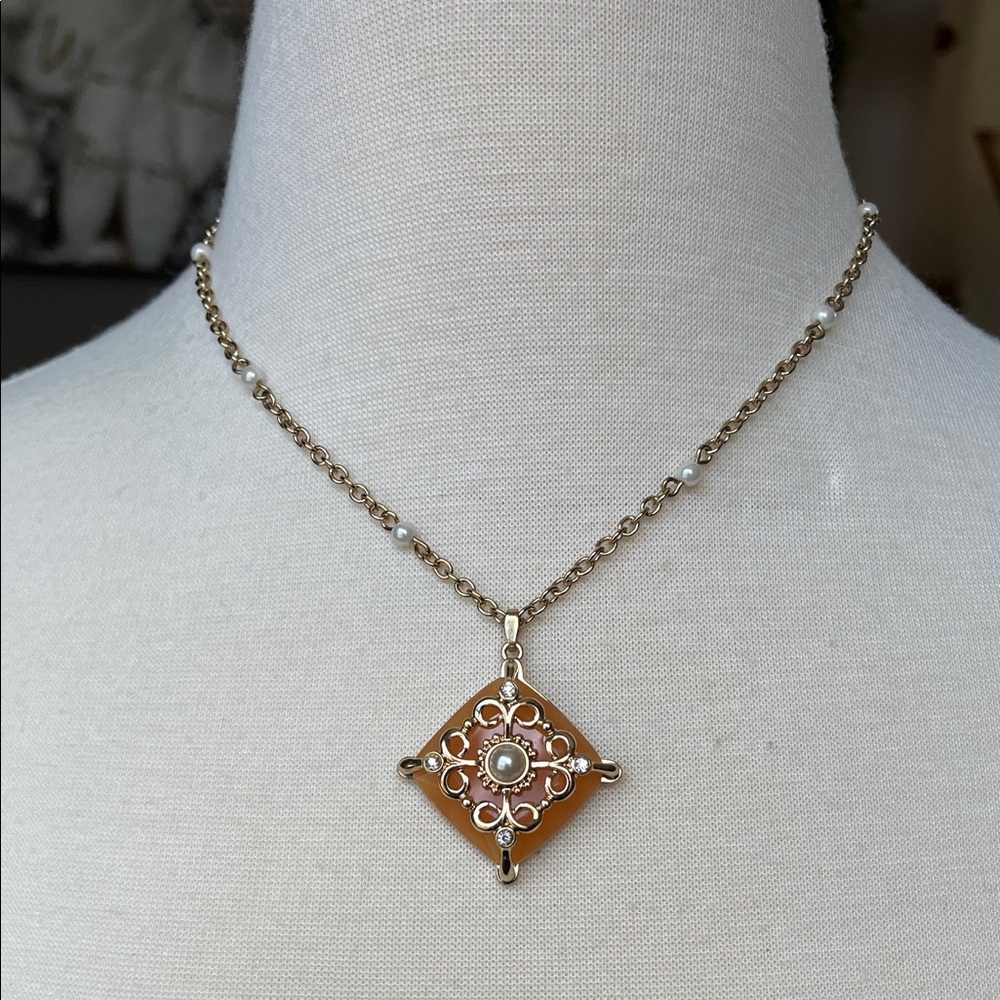 Belle and Blush Necklace signed NRT for Avon Faux Pearl and Coral Pendant